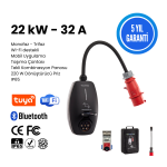 EVwallbox 22KW V3 Türkçe Mobil Uygulama 5 Yıl Garanti, (Tekli Kombinasyon Panosu, 3x40 Grup Sigorta, 1x16 Sigorta) Taşıma Çantası ve 220V Dönüştürücü Piriz