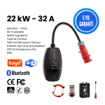 22KW V3 Türkçe Mobil Uygulama 5 Yıl Garanti, (Tekli Pano, 5,8,10,15 Metre Tip2 Araç Şarj Kablosu, Çanta, 220V Dönüştürücü Adaptör)