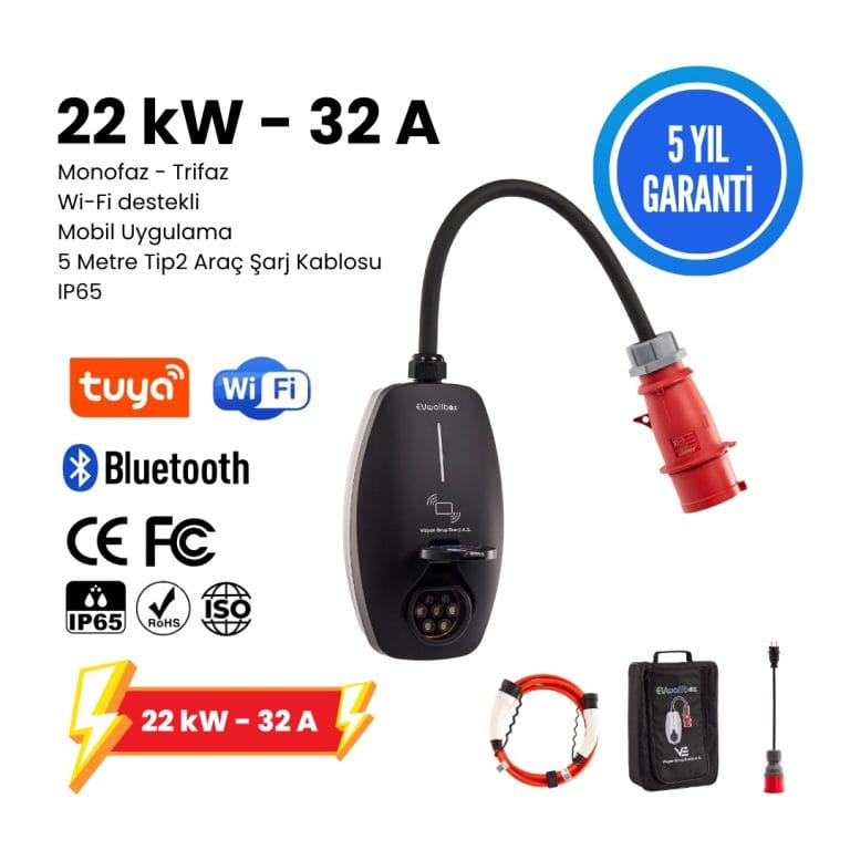 22 kW 32 A Elektrikli Araç Şarj Cihazı ve paket içindeki aksesuarlar