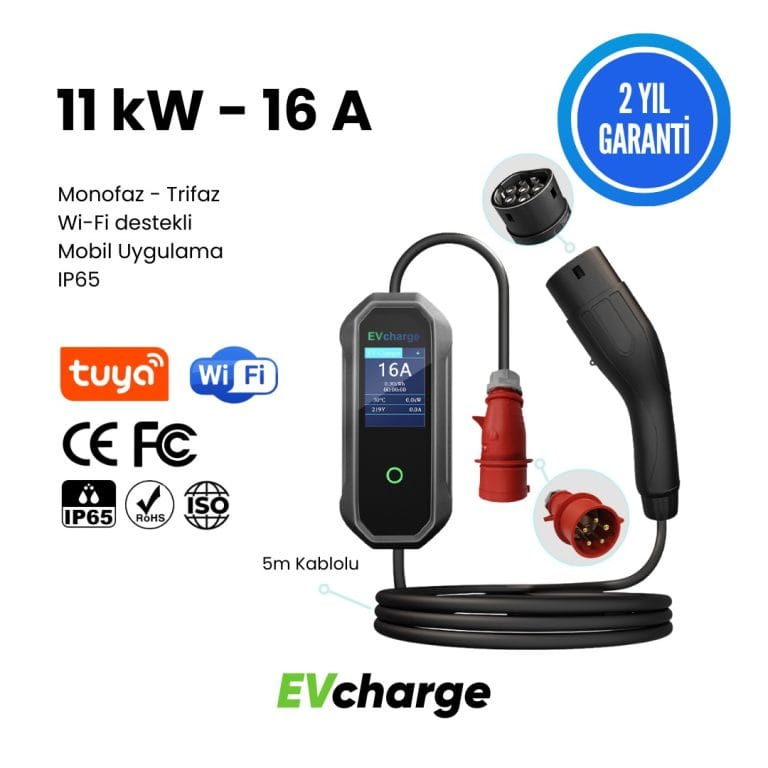 EVcharge 11 kW 16 A Elektrikli Araç Şarj Cihazı ve paket içindeki aksesuarlar