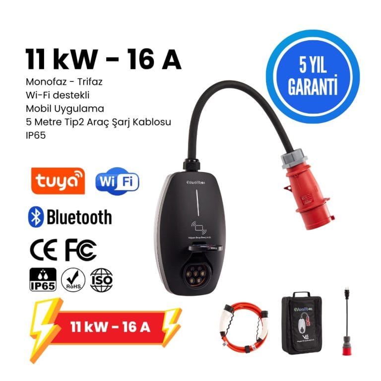 11 kW 16 A Elektrikli Araç Şarj Cihazı ve paket içindeki aksesuarlar