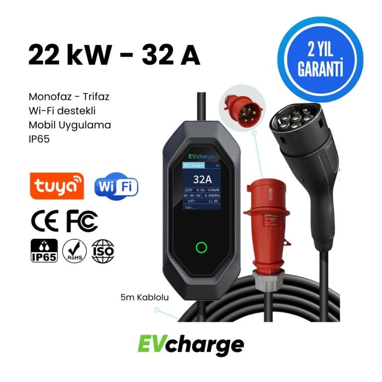 EVcharge 22 kW 32 A Elektrikli Araç Şarj Cihazı ve paket içindeki aksesuarlar