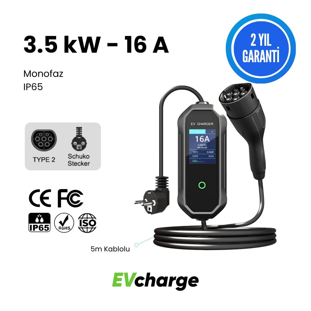 EVcharge 3.4 kW 16 A Elektrikli Araç Şarj Cihazı ve paket içindeki aksesuarlar