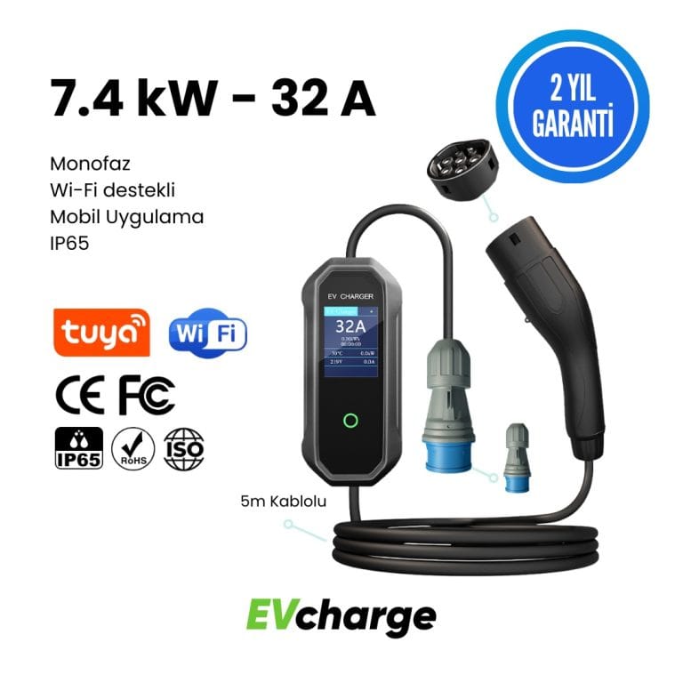 EVcharge 7.4 kW 32 A Elektrikli Araç Şarj Cihazı ve paket içindeki aksesuarlar